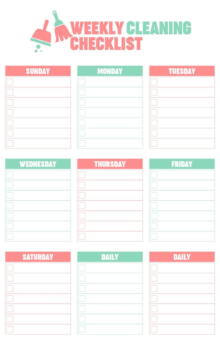 the printable weekly cleaning checklist is shown in pink, green and blue colors