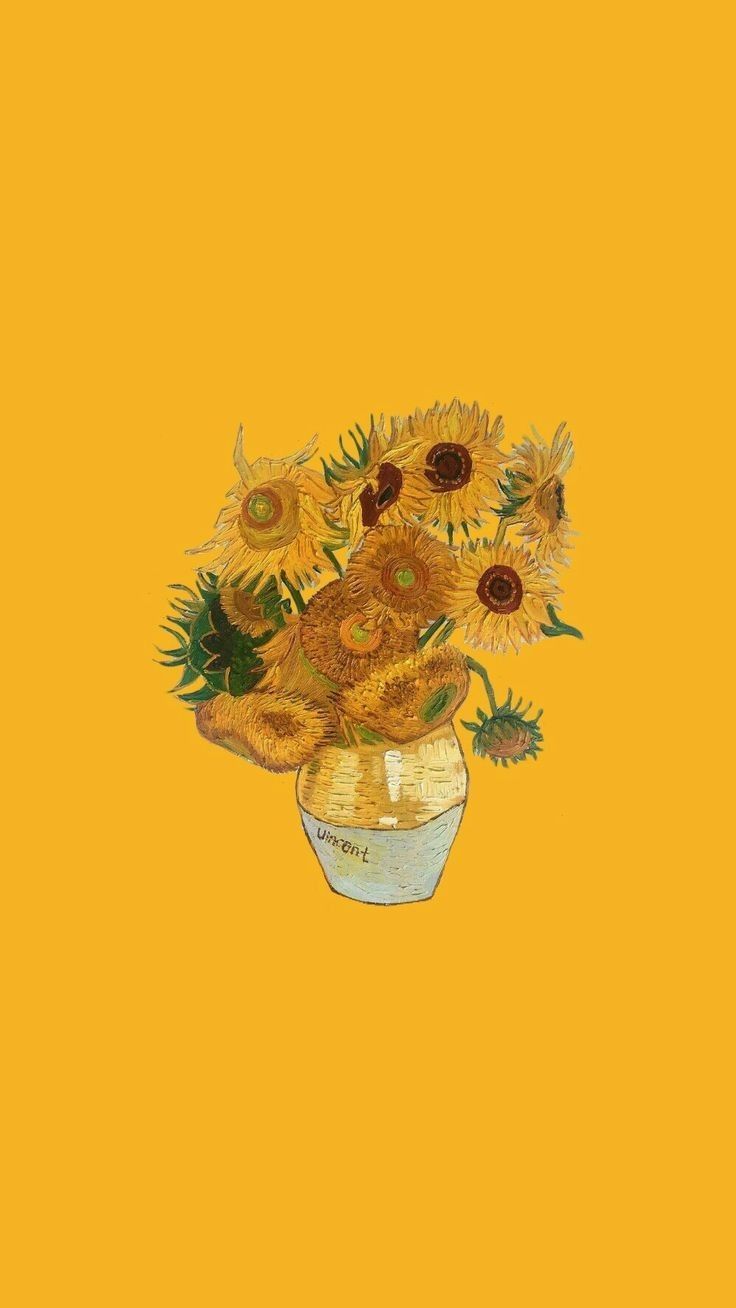 a painting of sunflowers in a vase on a yellow background