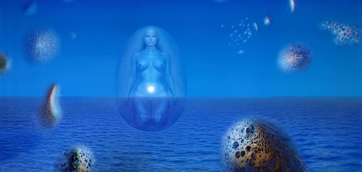 an image of a woman floating in the ocean surrounded by jellyfish and other sea creatures