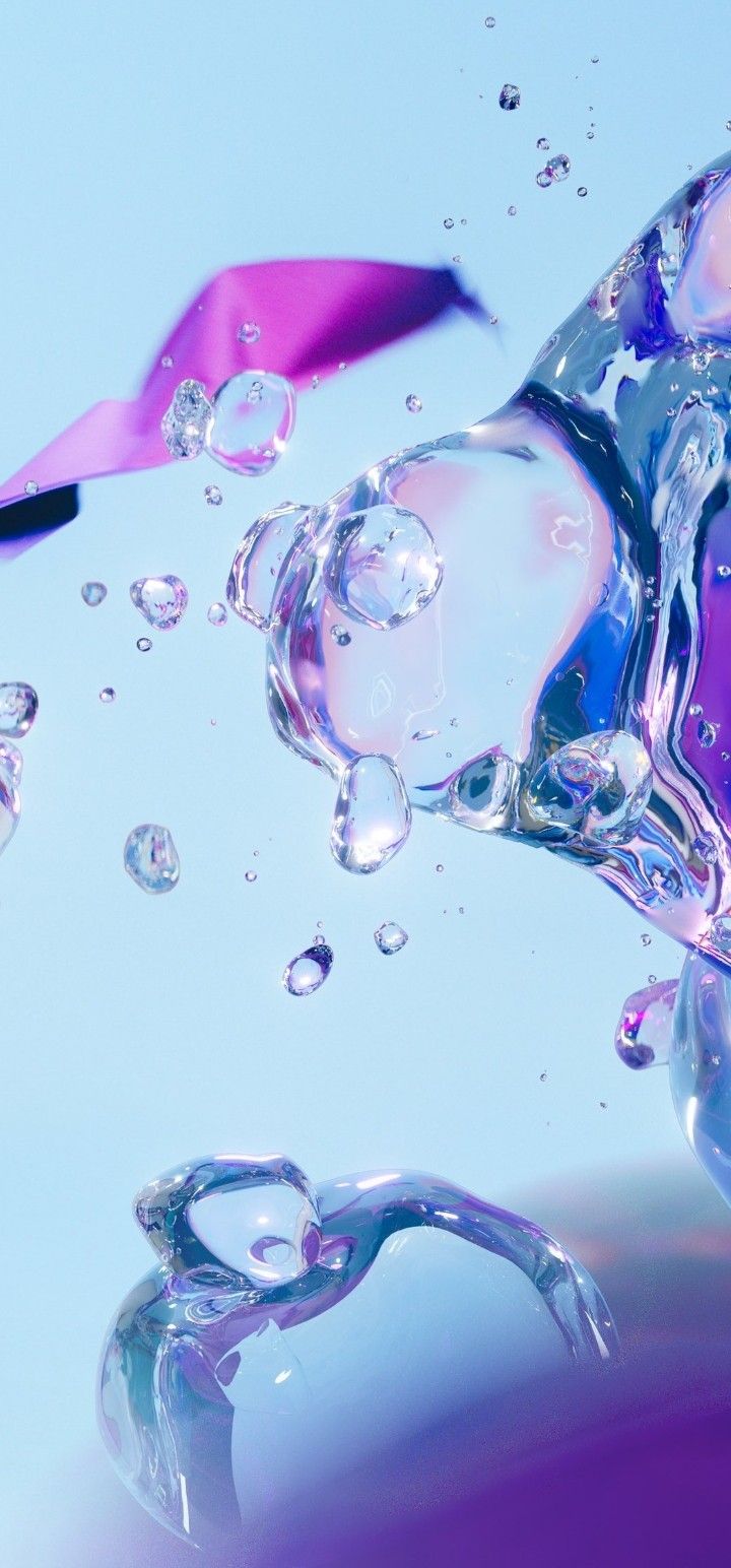 an image of water bubbles and pink umbrellas in the air on a blue background