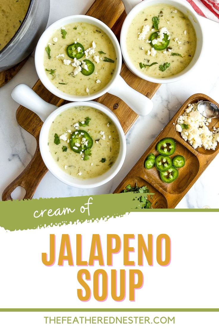 three bowls of jalapeno soup on a cutting board