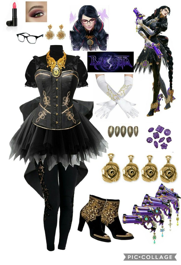 a woman in black and gold outfit with accessories