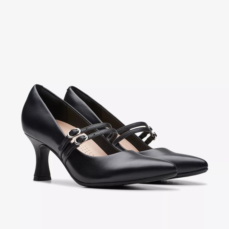 Womens Kataleyna Joy Black Leather High Heels | Clarks US Elegant Business Heels With 4-inch Heel, Sleek Ankle Strap Kitten Heels For Formal Wear, Sleek Ankle Strap Kitten Heels For Formal Events, Almond Toe Court Shoes With Heel Strap For Business, Spring Formal Kitten Heels With Penny Strap, Sleek Formal Kitten Heels With Ankle Strap, Elegant Evening Kitten Heels With Buckle Closure, Leather Kitten Heels With Buckle For Office, Leather Kitten Heels With Buckle Closure For Office