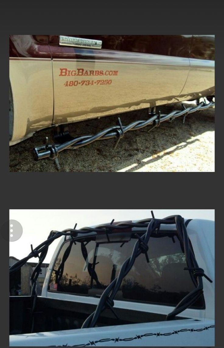 two pictures showing the front and rear ends of a truck with barbed wire on it