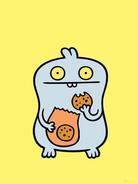 a cartoon character eating a cookie and holding a donut in his hand with both hands