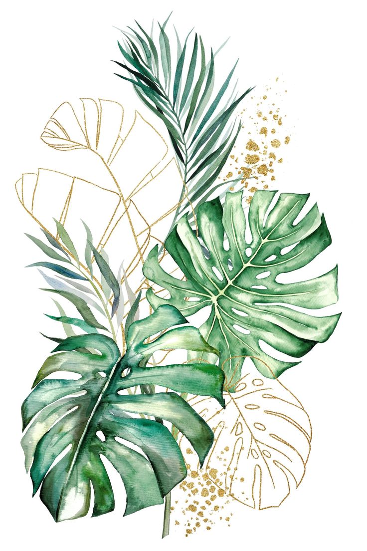 a watercolor painting of green leaves and plants