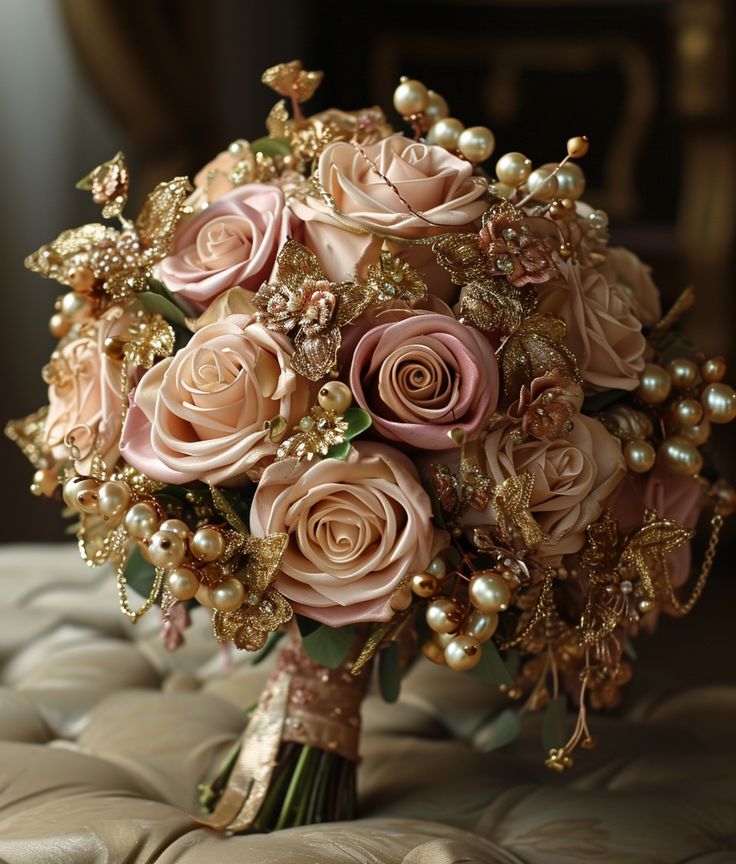 a bridal bouquet with pink roses, pearls and gold accents sits on a bed