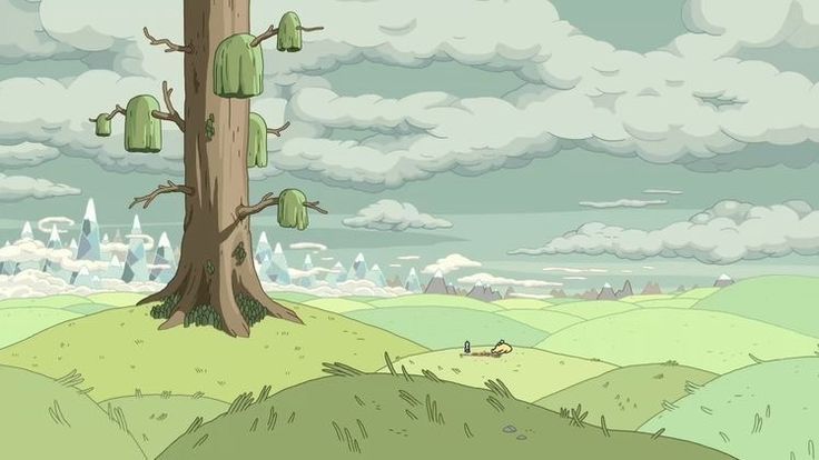 a cartoon scene with a tree in the foreground and clouds in the back ground