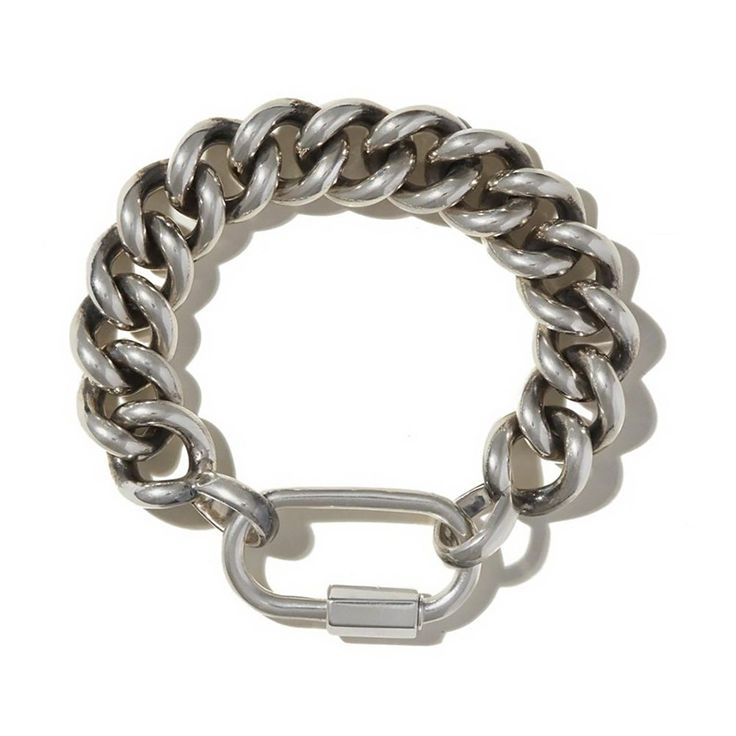 About The Chain: One of our thickest, biggest bracelets. Works beautifully with all the locks (besides the Babylock, Boltlock, Boomerang Lock, Crosslock, and Starlock). Sterling Silver Chain with Silver Loops. The links each measure about .5in X .5in, with a width of 15 mm, and thickness of 3.5 mm. About The Lock: The Regular Lock measures 3cm x 1.5cm with a thickness of 4mm Closure is 6mm. Fits best on all stone or pearl necklaces, and a variety of our thicker chains and bracelets. Can be hand Everyday Chunky Chain Link Bracelet, Luxury Silver Chain Bracelet With Hooks And Links, Sterling Silver Chain Link Bracelet, White Gold Link Chain Bracelet With Chunky Chain, Everyday Chunky Oval Link Bracelets, White Gold Chunky Link Chain Bracelet, Everyday Link Bracelet With Box Clasp, White Gold Chunky Chain Link Bracelet, Silver Chunky Oval Link Chain Bracelet