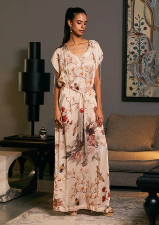 Silk Kimono Sleeve Loungewear Dress, Silk Loungewear Dress With Kimono Sleeves, Elegant Spring Kaftan For Loungewear, Elegant Printed V-neck Kaftan, Elegant Silk Dresses With Digital Print, Elegant Silk Dress With Digital Print, Elegant Maxi Dress With Tie Waist And Kimono Sleeves, Chic Silk Kaftan With Kimono Sleeves, Elegant Silk Printed Kaftan