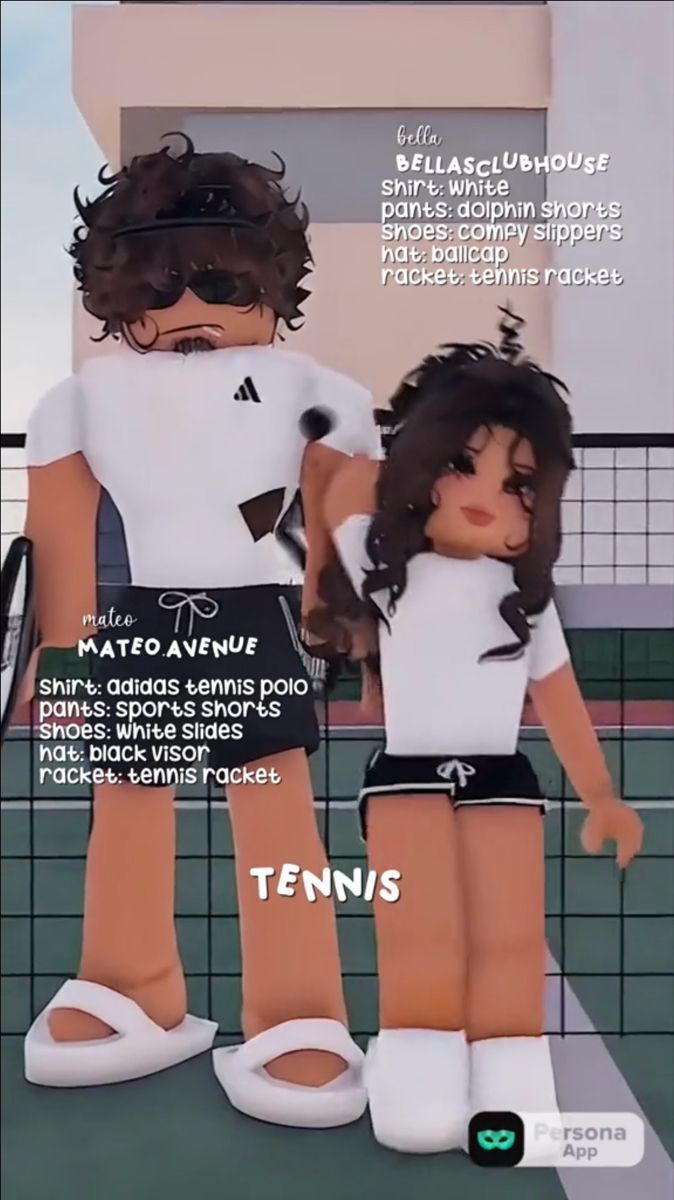 two dolls are standing next to each other on a tennis court