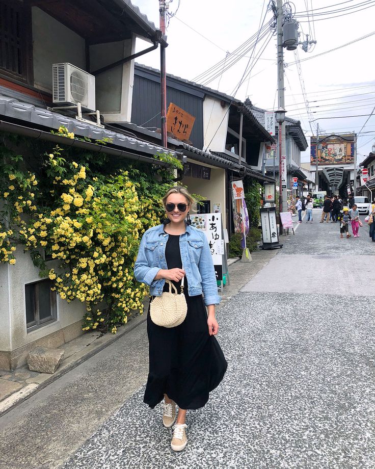 Bows & Sequins Travel Guide in Nagahama Japan. Jessica Sturdy wearing a denim jacket, Old Navy maxi dress, Seavees raffia sneakers, BaubleBar black tassel earrings, and a Clare V mini straw bag. Japan Vacation Outfit Spring, What To Wear In Japan In April, Outfits For Japan Summer, Japan April Outfit, Japan Tourist Outfit, Japan Travel Outfit Summer, Japan Travel Outfit Autumn, What To Wear In Japan Summer, Taiwan Outfit Travel