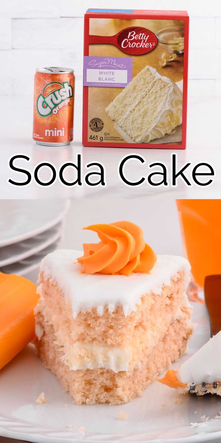 an orange soda cake recipe on a plate with the title overlay reads orange soda cake recipe