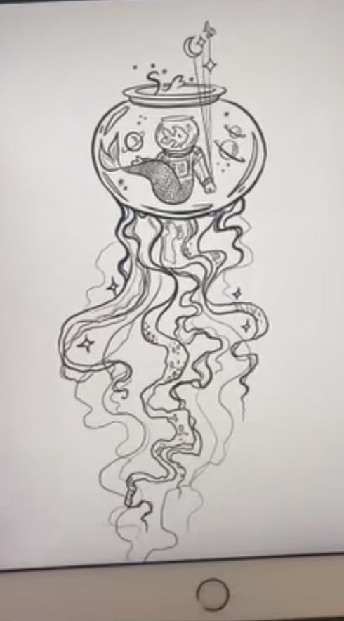 a drawing of a jellyfish in a fish bowl with a sailor on it's back