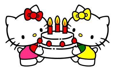 two hello kitty standing in front of a cake with candles on it and one holding a cupcake