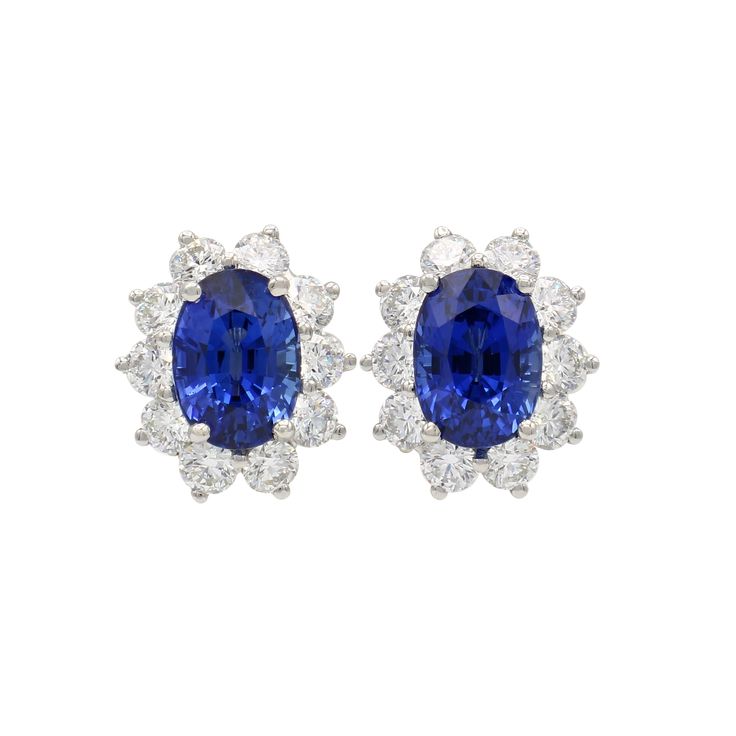 An Authentic Estate Tiffany & Co. Diamond & Sapphire Platinum Earrings. This stunning set has 7.35CTW Oval Sapphires surrounded by a Halo of 2.46CTW round brilliant diamonds all set in Platinum. This estate Tiffany & Co design is the utmost quality and is a timeless addition to any jewelry collection. Sapphire And Diamond Earrings, Diamond Cluster Earrings, Platinum Earrings, High Jewellery, Round Sapphire, Costume Jewelry Earrings, Star Earrings Stud, Tiffany And Co, Women Diamond