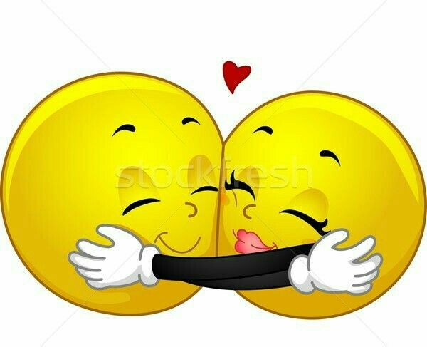 two yellow smiley faces hugging each other with their eyes closed and hands on the cheeks