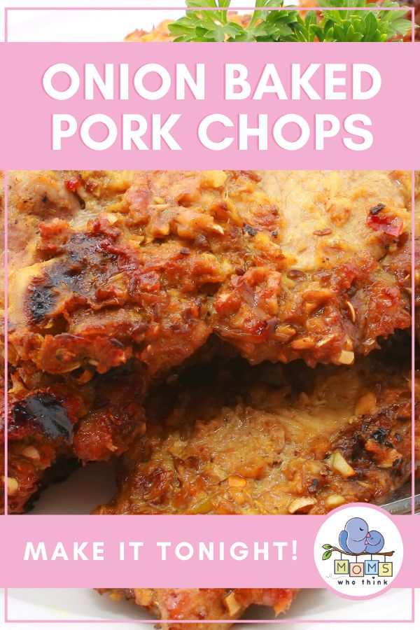 the recipe for onion baked pork chops is shown in pink and white with text overlay