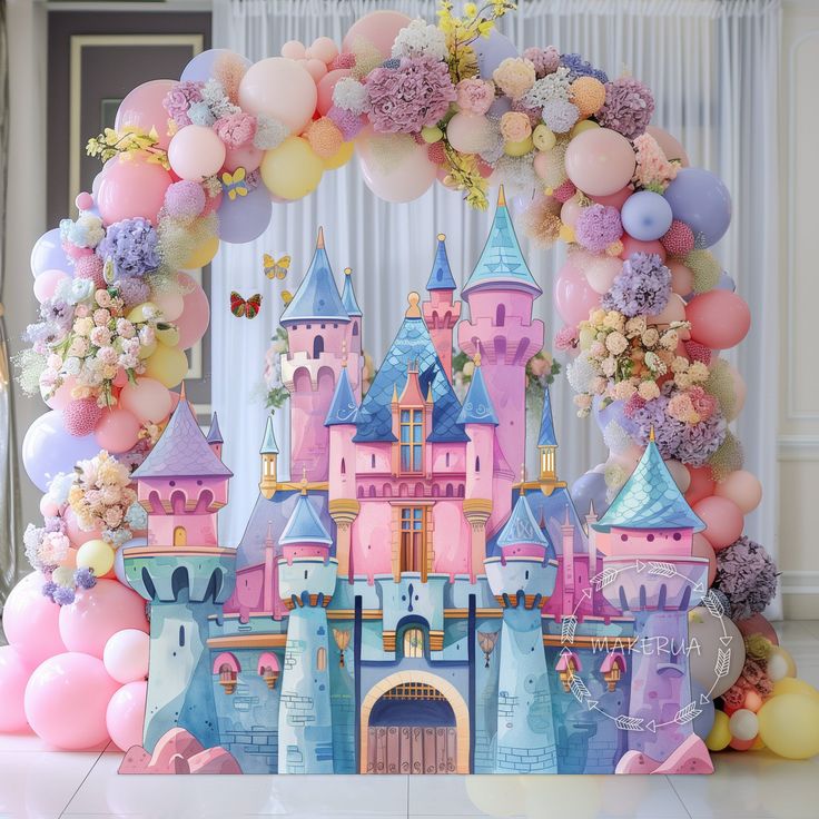 a castle with balloons and flowers on the front is decorated for a princess birthday party