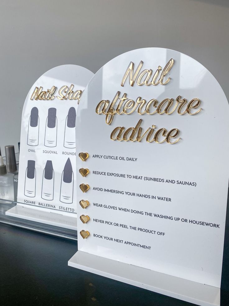 Elevate your salon or beauty room with these stunning desk signs.  Bundle offer for the following two matching signs: - Nail Shape Sign and Stand  - Nail Advice Sign   UV printed with 3D mirror detail. 3mm gloss acrylic and white stand for a beautiful finish. Approx size A5: 148 x 210 mm. Nail Aftercare, Nail Signs, Nail Room Ideas, Nail Salon Interior Design, Nail Salon Interior, Beauty Room Salon, Home Beauty Salon, Nail Desk, Guide Sign