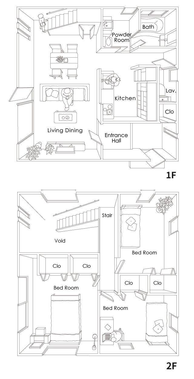 two floor plans showing the living room and bedroom areas, with different rooms in each