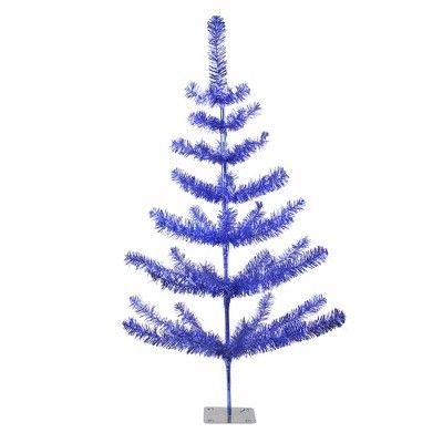 a blue christmas tree is shown on a white background and it's branches are very thin