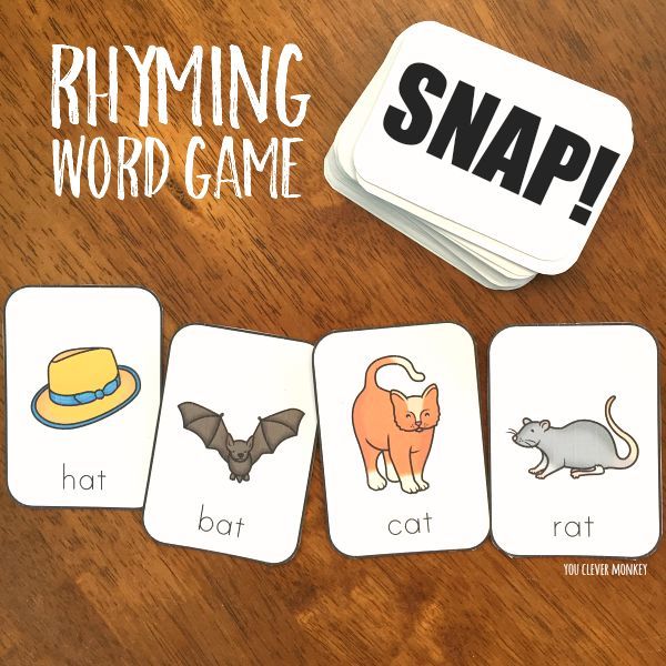 the words rhyming word game are displayed on cards with pictures of cats and bats