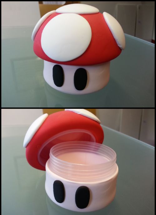 two pictures of a red and white mushroom with black eyes