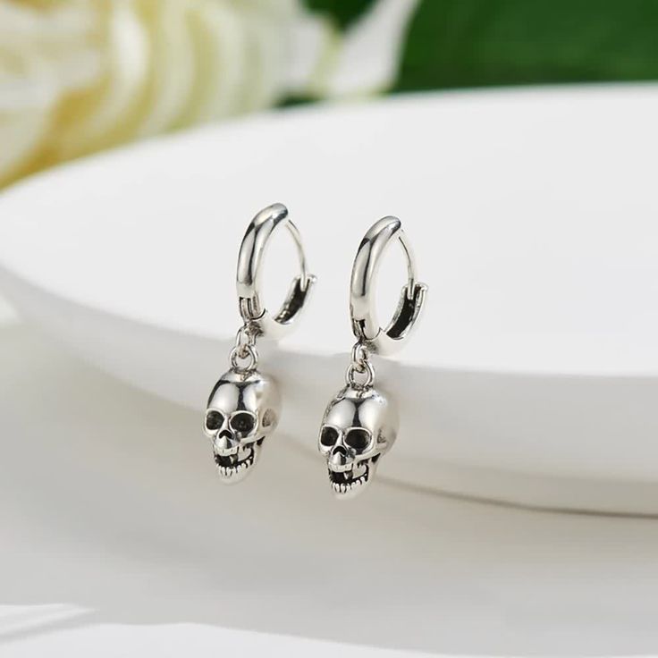 Gothic Skull Earrings - Vedlit Goth Earrings, Earring Hoops, Punk Jewelry, Estilo Punk, Skull Pendant, Skull Earrings, Hypoallergenic Earrings, Silver Drop Earrings, 925 Sterling Silver Earrings