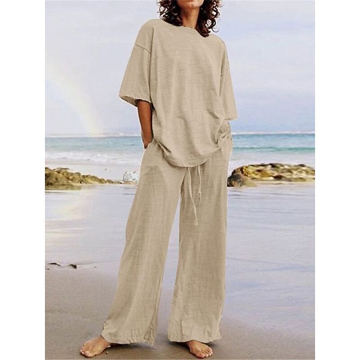 Season:Summer,Spring; Fabric:Cotton And Linen; Sleeve Length:Half Sleeve,Long Sleeve; Gender:Women's; Nightwear Style:Loungewear,Sets; Style:Basic; Elasticity:Micro-elastic; Tops Type:T Shirt; Occasion:Street,Daily; Function:Breathable; Pattern:Pure Color; Design:Pocket,Elastic Waist; Neckline:Crew Neck; Bottom Type:Pant; Listing Date:04/26/2024; Hips:; Length [Bottom]:; Length [Top]:; Waist:; Bust:; Sleeve Length: Womens Loungewear Sets, Style Désinvolte Chic, Wide Leg Pant Suit, Style Casual Chic, Women's Loungewear, Casual Belt, Spring Fabric, Style Basic, Wide Leg Linen Pants