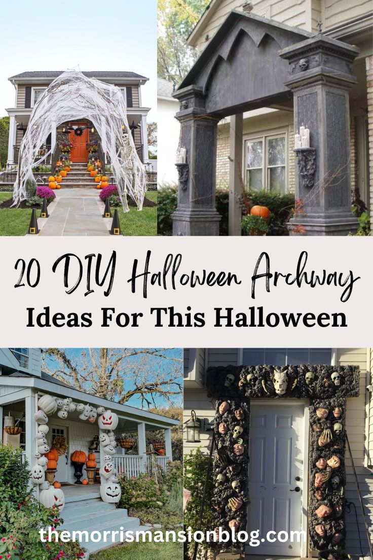 round up of 20 different outdoor halloween arch ideas Diy Halloween Entrance Decorations, Halloween Front Porch Archway, Halloween 2023 Outdoor Decor, Halloween Entryway Outdoor, Halloween Door Archway, Halloween Front Porch Arch, Halloween Porch Archway, Arch Halloween Decor, Halloween Doorway Ideas