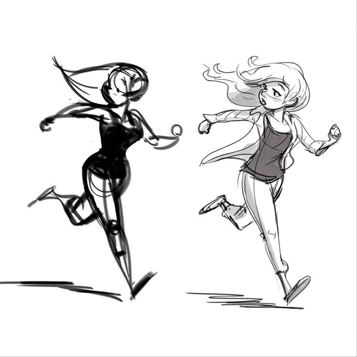 two cartoon characters are running and one is holding a tennis racket in her hand