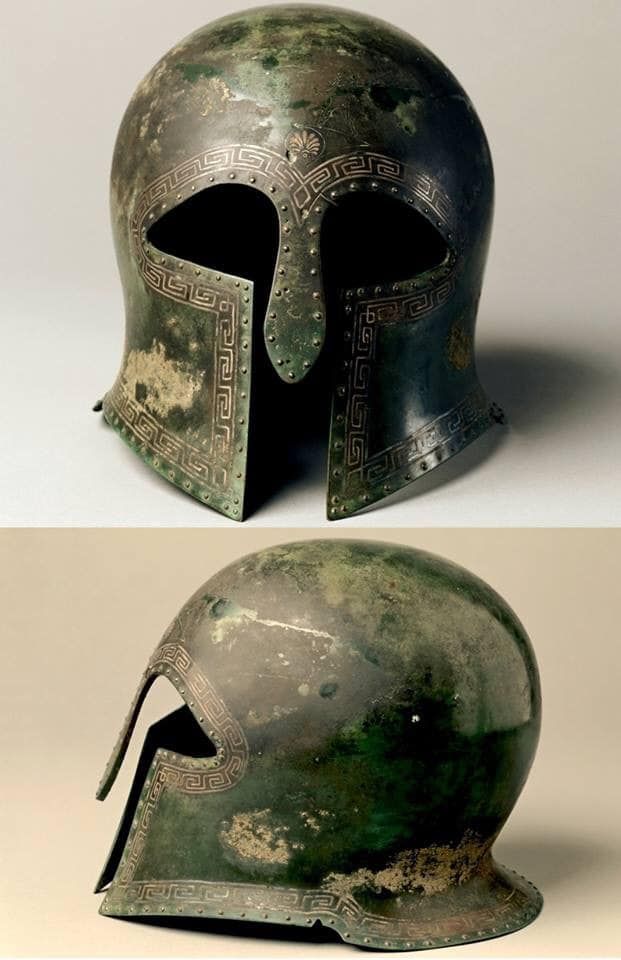 an old helmet is shown in two different views