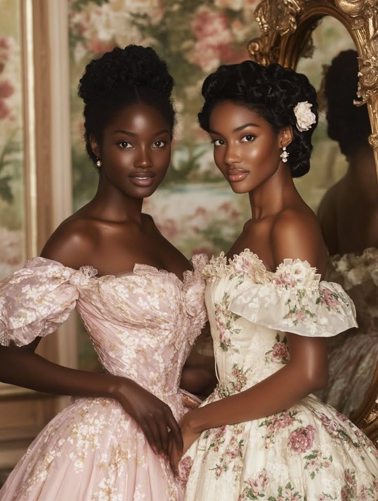 two women in dresses standing next to each other with flowers on their shoulders and arms