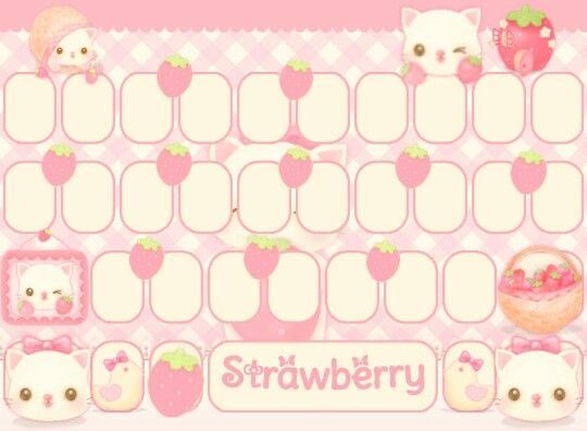 a pink calendar with strawberrys and cats on it's sides, including the words strawberry