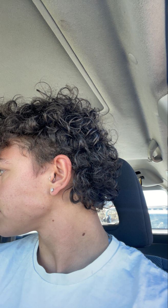 Perms For Men Short Hair, Curly Hair Short Mullet, Guy Haircuts Curly Hair, Burst Fade Mullet Perm, Mullet On Curly Hair Men, Hair Cuts For Men With Curly Hair Curls, Light Mullet Curly Hair Men, Curl Mullet Men, Fake Mullet Men