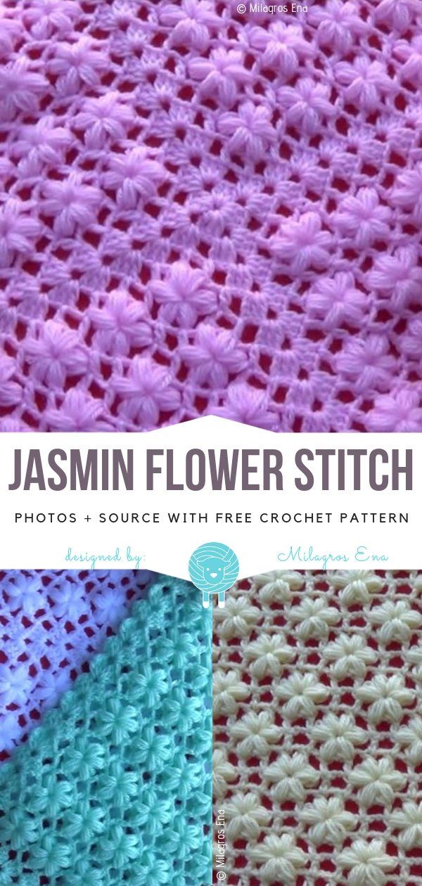 the jasmin flower stitch crochet pattern is shown in three different colors