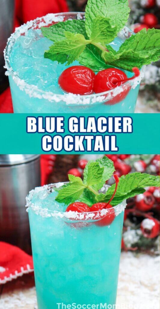 two blue cocktails with mint and cherries on the rim, one is in a glass