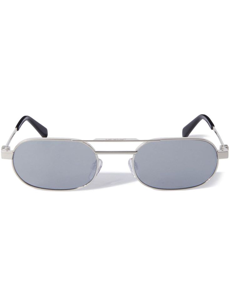 silver-tone metal oval frame grey tinted lenses nose pads straight arms curved tips These glasses come with a protective case. Classic Silver Shield Sunglasses With Uv Protection, Sleek Silver Sunglasses For Summer, Elegant Silver Aviator Sunglasses With Mirrored Lenses, Trendy Silver Aviator Sunglasses, Classic Silver Shield Sunglasses With Mirrored Lenses, Classic Silver Shield Sunglasses With Polarized Lenses, Elegant Silver Aviator Sunglasses, Sleek Silver Sunglasses With Mirrored Lenses, Classic Silver Aviator Sunglasses With Tinted Lenses