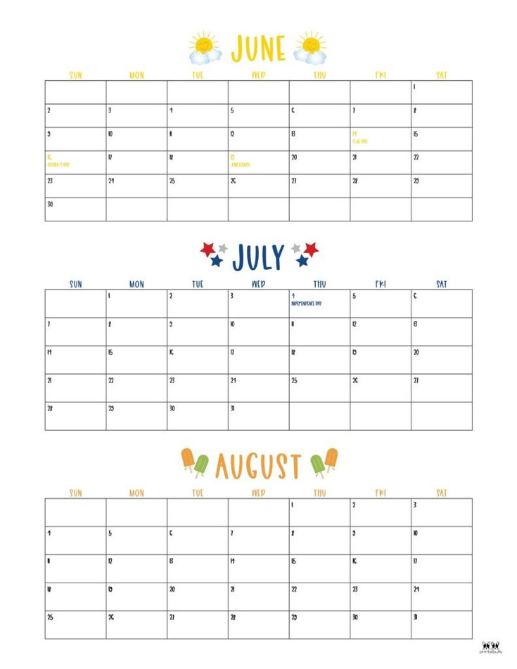 the july and august calendars are shown