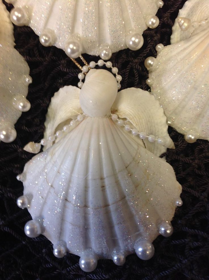 three seashells with pearls on them are arranged in the shape of an angel