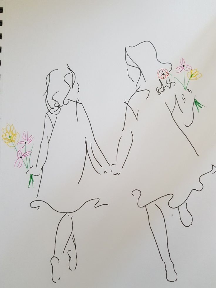 a drawing of two people holding hands with flowers