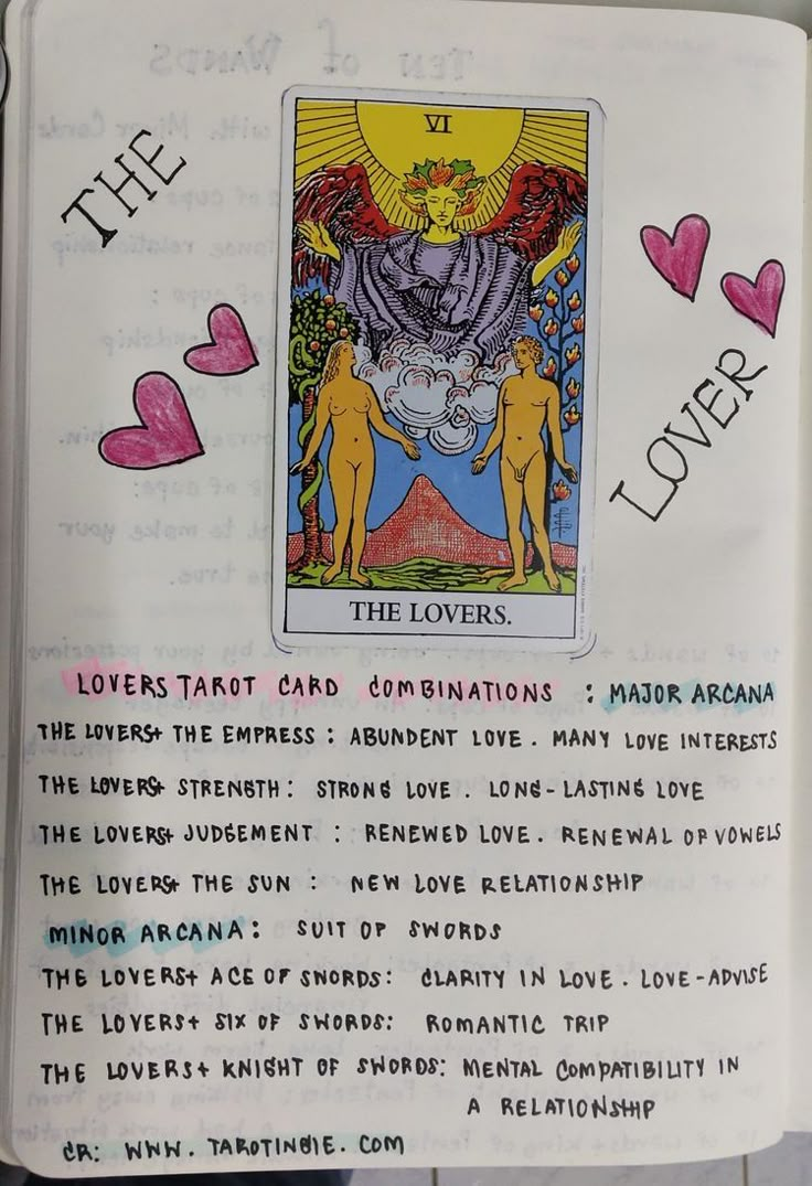 the lovers tarot card is on top of an open book with writing in it