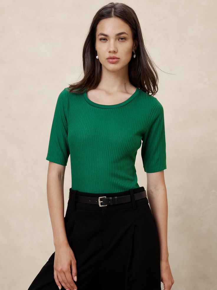 Sheer Ladder Ribbed Top | Banana Republic Factory Fitted Green Ribbed Knit Top, Elegant Ribbed Crew Neck Knit Top, Elegant Ribbed Top, Elegant Solid Ribbed Top, Solid Ribbed Knit Top For Layering, Elegant Ribbed Crew Neck Top, Spring Ribbed Stretch Knit Top, Green Ribbed Knit Top For Spring, Spring Stretch Knit Top With Ribbing