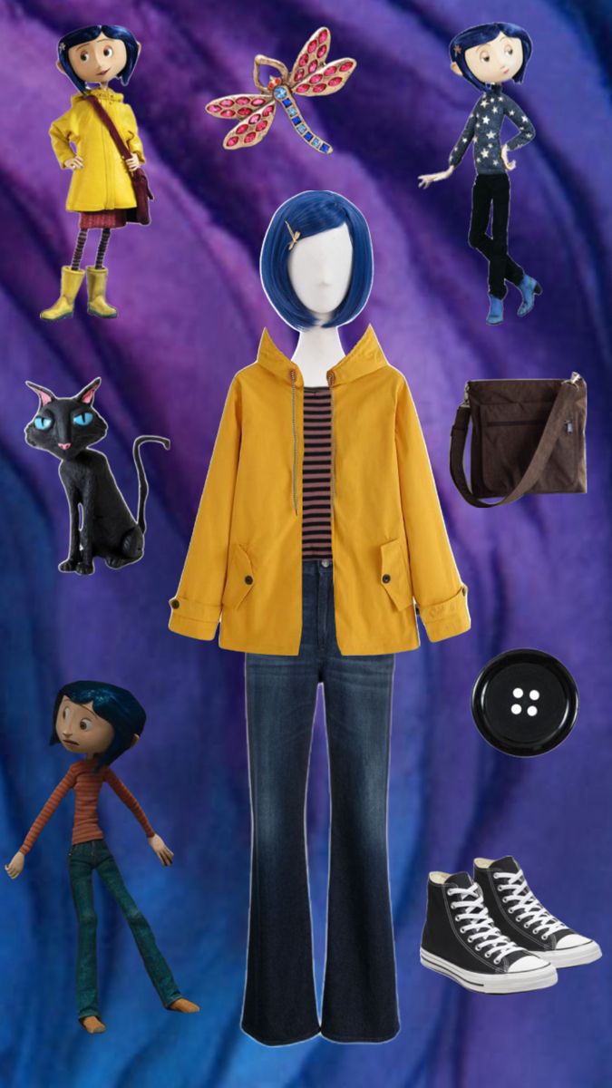 the doll is wearing an orange jacket and black pants, while she has her hands in her pockets