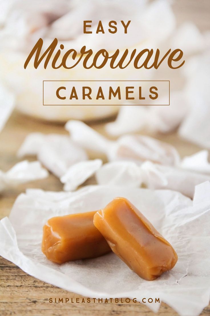 two caramels sitting on top of white paper with the words easy microwave caramels