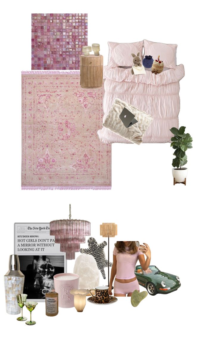 a collage of pink and white items including bedding, pillows, rugs and lamps