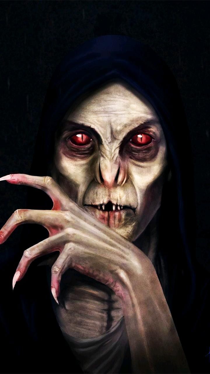 a creepy woman with red eyes holding her hand up