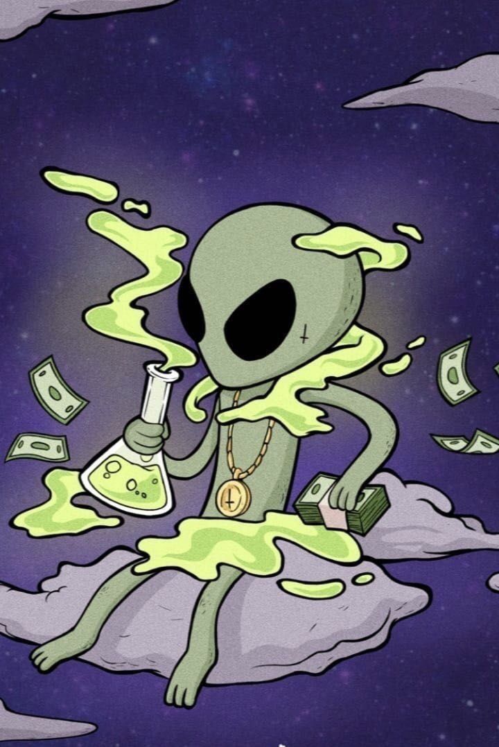 an alien is sitting on the ground with money coming out of his mouth and holding a flask