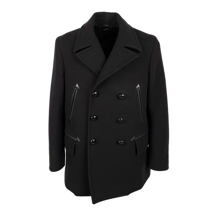 Tom Ford coat in black, featuring a double-breasted design with a lapel collar. It has two vertical pockets with leather piping, a unique and elegant detail that adds a touch of luxury to the jacket and two pockets with flaps. The jacket has a padded lining made of polyester and mix of cotton ad cupro. Remarks: The label on the neck is slightly washed off. Shoulder:48;Sleeve:66;Width:55;Length:85 Material: 100% Wool Black Pea Coat With Double Button Closure, Black Double-breasted Outerwear With Button Closure, Black Double-breasted Peacoat With Button Closure, Black Winter Peacoat With Double Button Closure, Black Peacoat With Double Button Closure For Winter, Black Peacoat For Business In Fall, Black Long Sleeve Business Peacoat, Black Fall Peacoat For Business, Black Long Sleeve Peacoat For Business